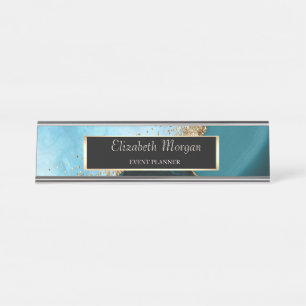 Elegant Gold Glitter Turquoise Marble, Frame Desk Name Plate