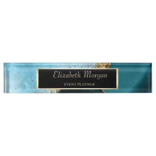Elegant Gold Glitter Turquoise Marble, Frame Nameplate