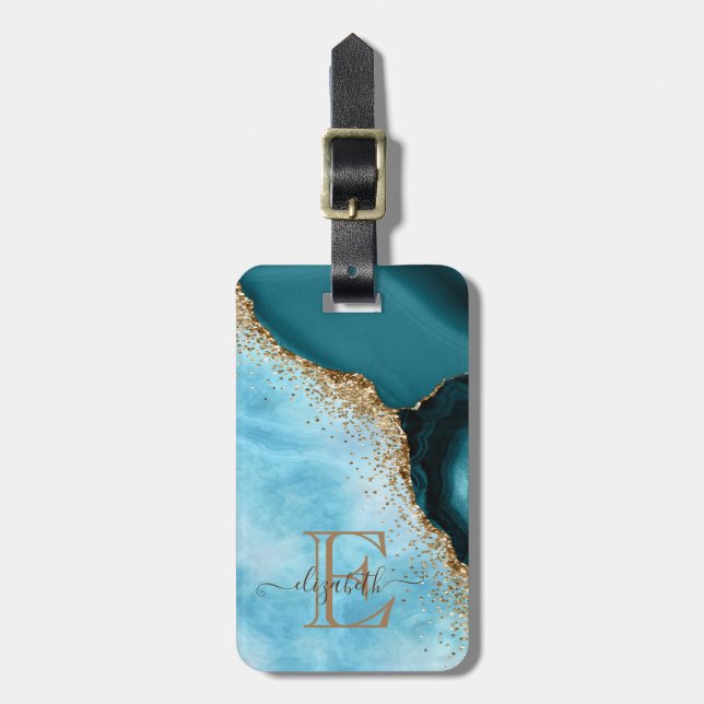 Elegant Gold Glitter Turquoise Marble Luggage Tag (Front Vertical)