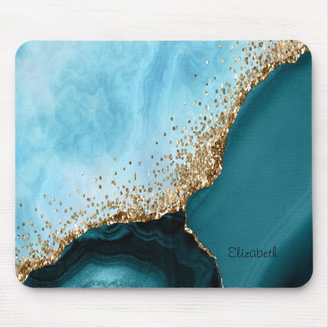 Elegant Gold Glitter Turquoise Marble Mouse Mat (Front)