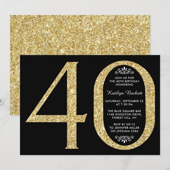 Elegant Gold Glitter Typography 40th Birthday Invitation (Front/Back)