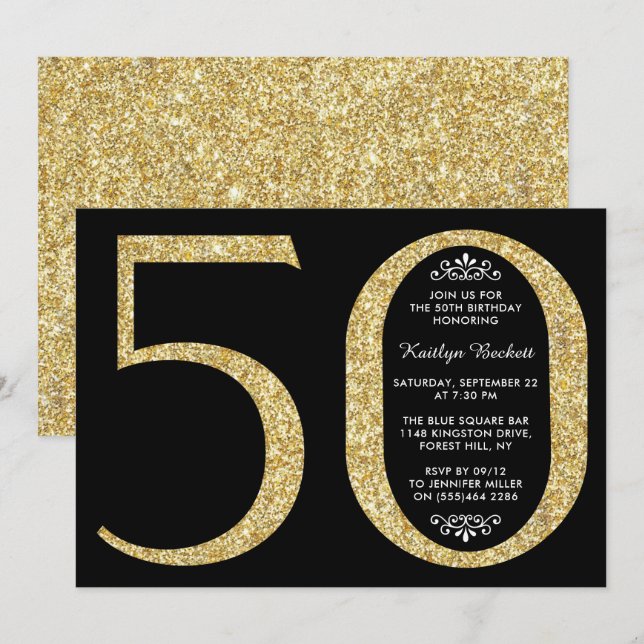Elegant Gold Glitter Typography 50th Birthday Invitation (Front/Back)