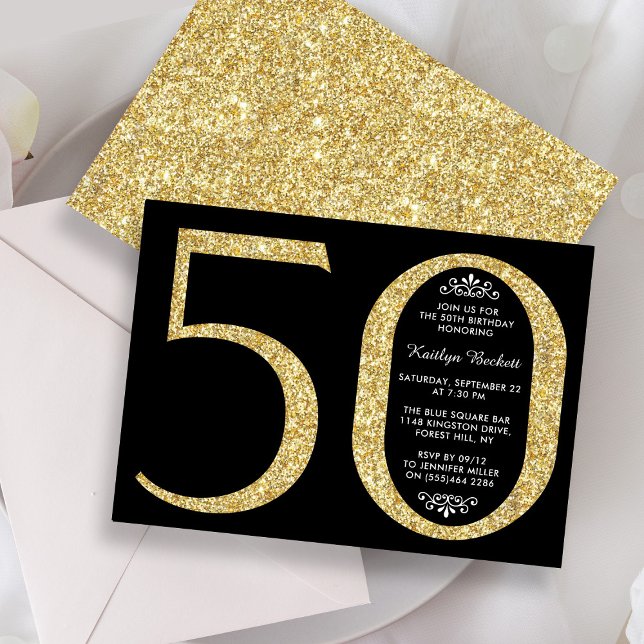 Elegant Gold Glitter Typography 50th Birthday Invitation (Creator Uploaded)