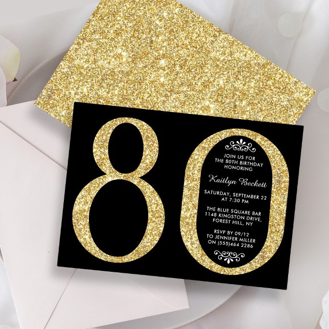 Elegant Gold Glitter Typography 80th Birthday Invitation (Creator Uploaded)