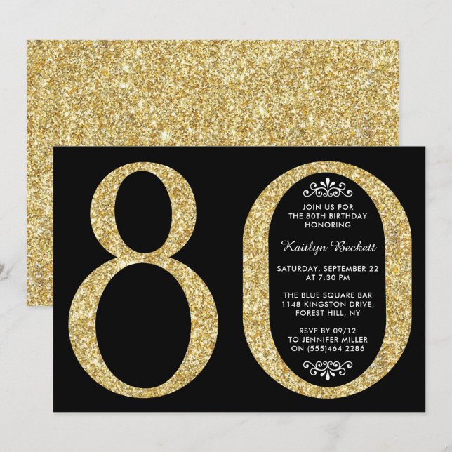 Elegant Gold Glitter Typography 80th Birthday Invitation (Front/Back)
