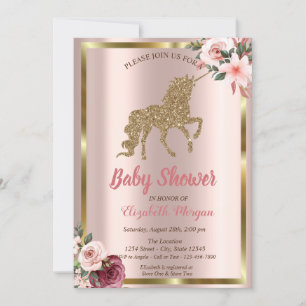 Elegant Gold Glitter Unicorn Flower Baby Shower In Invitation