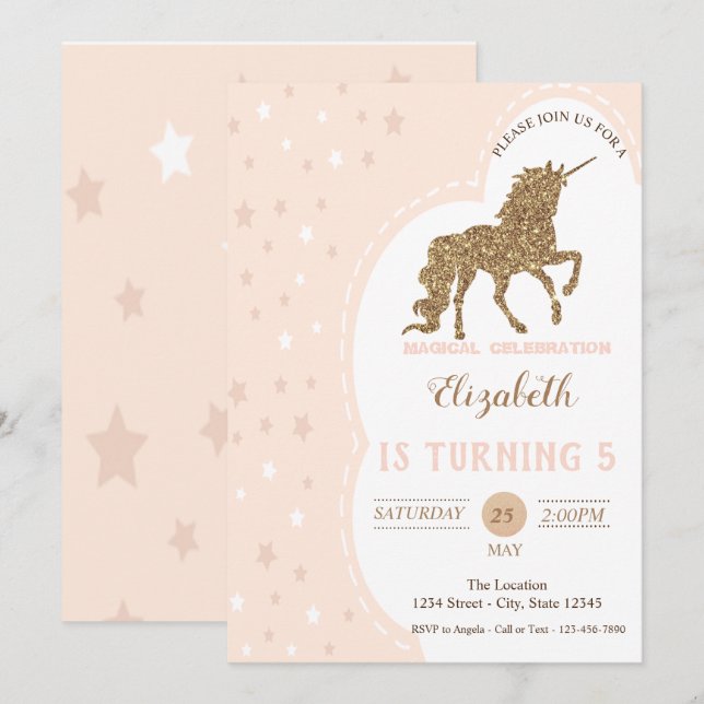 Elegant Gold Glitter Unicorn, Stars Birthday Invitation (Front/Back)