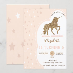 Elegant Gold Glitter Unicorn, Stars Birthday Invitation
