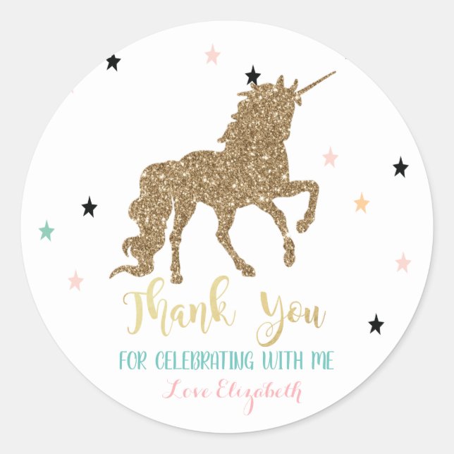 Elegant Gold Glitter Unicorn, Stars Classic Round Sticker (Front)