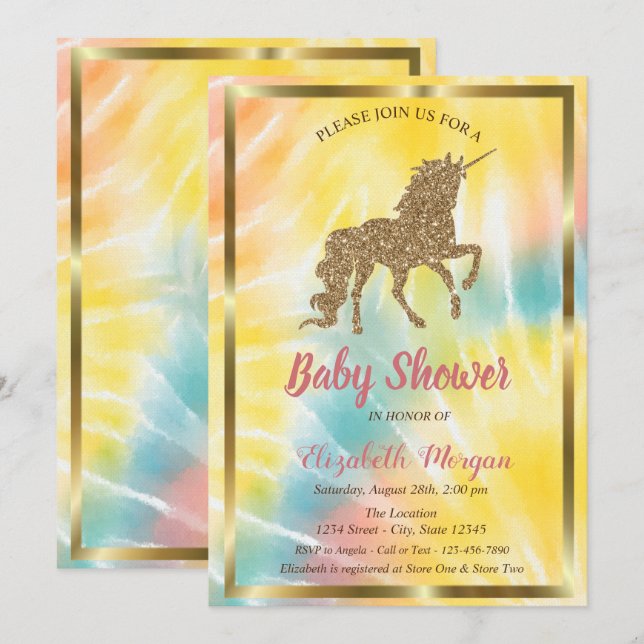 Elegant Gold Glitter Unicorn Tie Dye Baby Shower Invitation (Front/Back)
