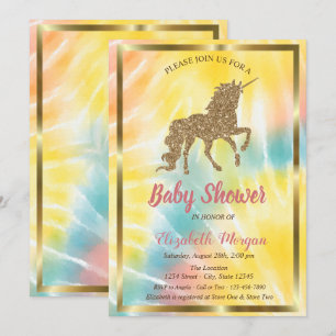 Elegant Gold Glitter Unicorn Tie Dye Baby Shower Invitation