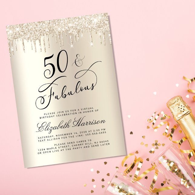 Elegant Gold Glitter Virtual 50th Birthday Party  Invitation (Celebrate her 50 years of sparkle with an elegant gold glitter birthday party invitation  🎉 🎂 🥂)