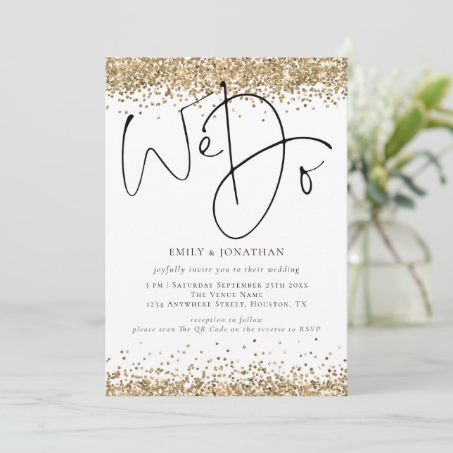 Elegant Gold Glitter We Do QR Wedding Invitation (Standing Front)