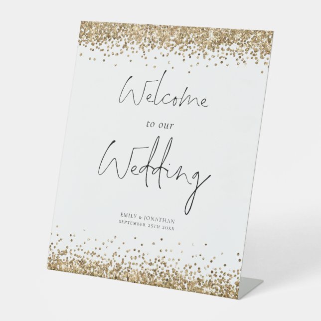 Elegant Gold Glitter Welcome to Wedding Pedestal Sign (Front)