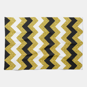 Elegant Gold Glitter White Black Chevron Tea Towel
