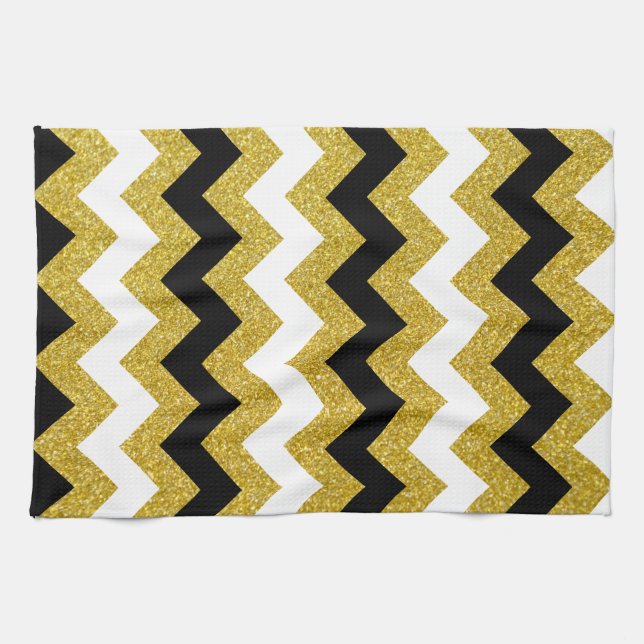 Elegant Gold Glitter White Black Chevron Tea Towel (Horizontal)