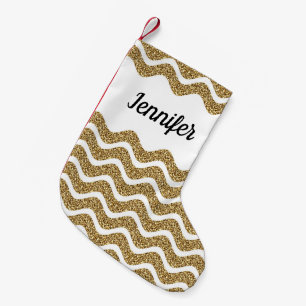 Elegant Gold Glitter White Chevron Stripes Name Small Christmas Stocking