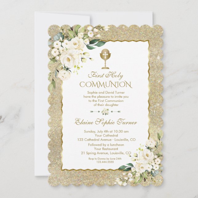 Elegant Gold Glitter White Floral First Communion Invitation (Front)