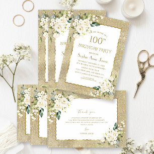 Elegant Gold Glitter White Flowers 100th Birthday Invitation