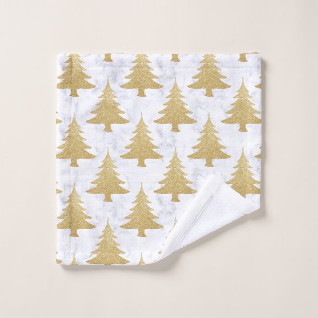 Elegant Gold Glitter & White Marble Christmas Tree Bath Towel Set (Wash Cloth)