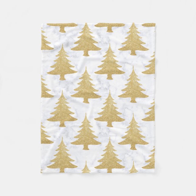 Elegant Gold Glitter & White Marble Christmas Tree Fleece Blanket (Front)