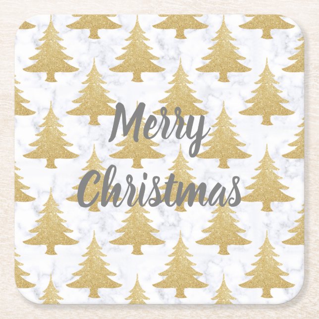 Elegant Gold Glitter & White Marble Christmas Tree Square Paper Coaster (Front)