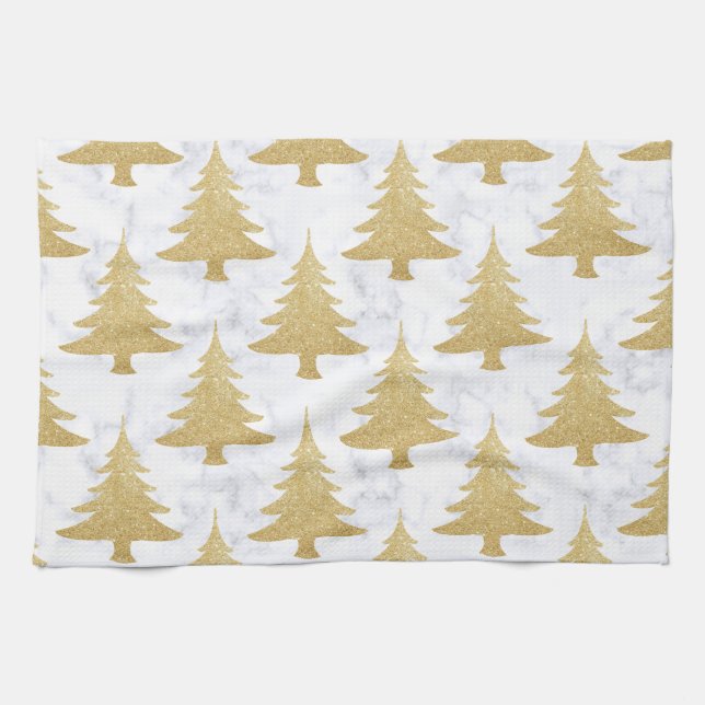 Elegant Gold Glitter & White Marble Christmas Tree Tea Towel (Horizontal)