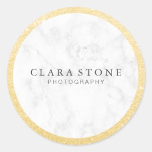 Elegant gold glitter white marble photography classic round sticker