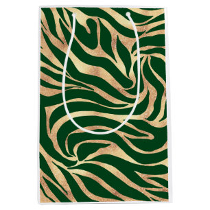 Elegant Gold Glitter Zebra Green Animal Print Medium Gift Bag