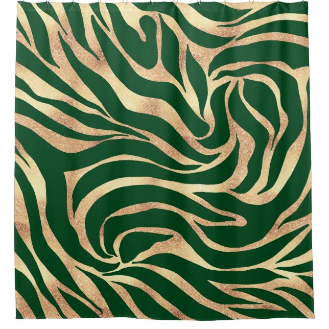 Elegant Gold Glitter Zebra Green Animal Print Shower Curtain (Front)