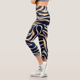 Elegant Gold Glitter Zebra Nay-Blue Animal Print Capri Leggings