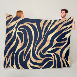 Elegant Gold Glitter Zebra Nay-Blue Animal Print Fleece Blanket