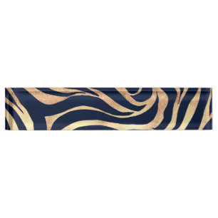 Elegant Gold Glitter Zebra Nay-Blue Animal Print Nameplate