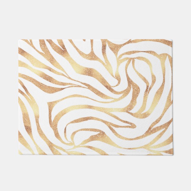Elegant Gold Glitter Zebra White Animal Print Doormat (Front)