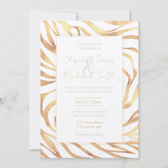 Elegant Gold Glitter Zebra White Animal Print Invitation (Front)