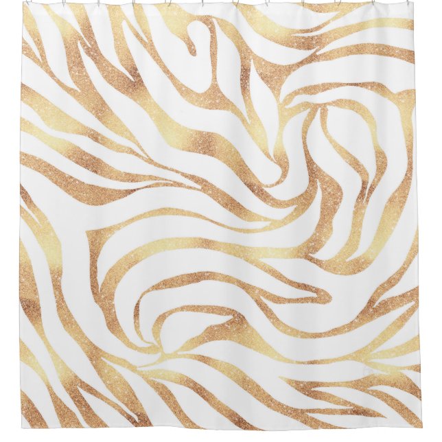 Elegant Gold Glitter Zebra White Animal Print Shower Curtain (Front)