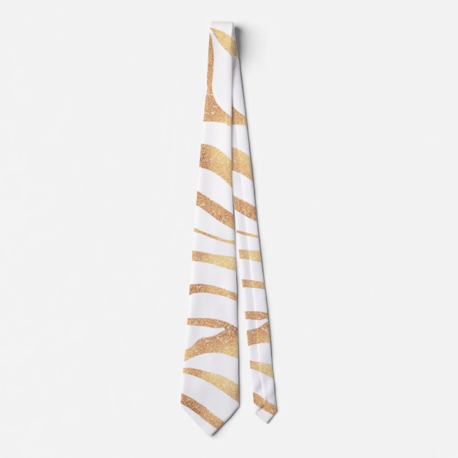 Elegant Gold Glitter Zebra White Animal Print Tie (Front)