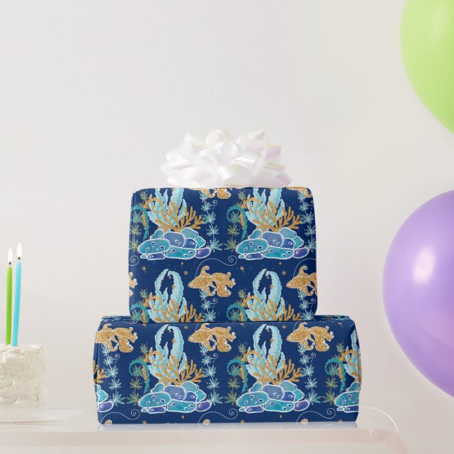 Elegant Gold Glittery Blue Under the Sea  Wrapping Paper (Party Gifts)