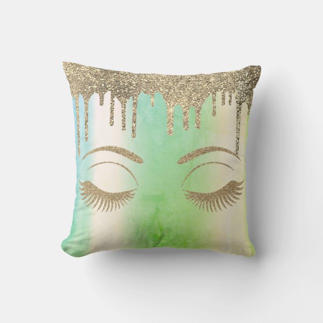 Elegant Gold Glittery Lashes,Drips Green Cushion (Front)