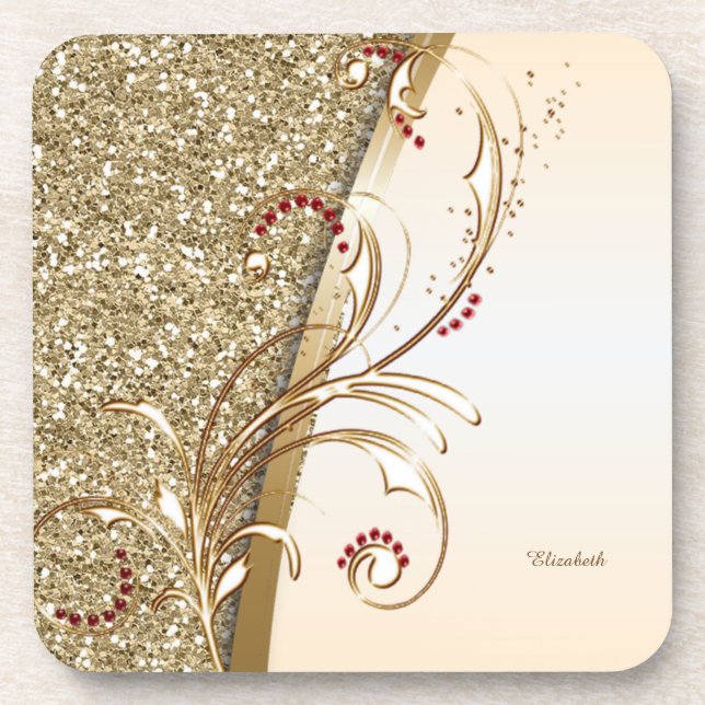 Elegant Gold Glittery Swirls   Coaster (Front)