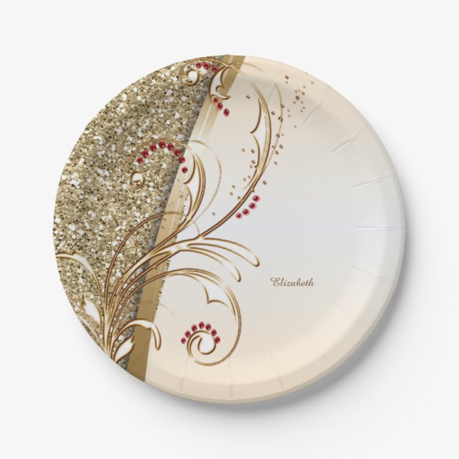 Elegant Gold Glittery Swirls Paper Plate (Front)