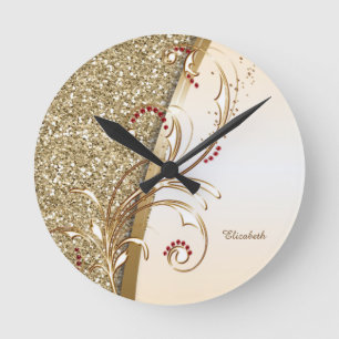 Elegant Gold Glittery Swirls     Round Clock