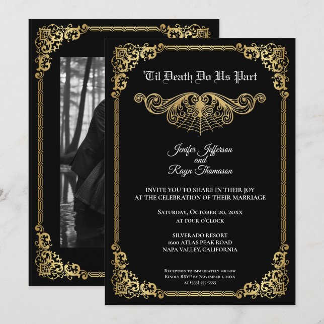 Elegant gold Gothic Halloween wedding Invitation (Front/Back)