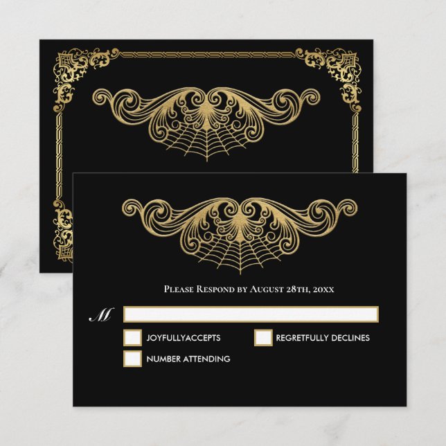 Elegant gold Gothic Halloween Wedding RSVP Card (Front/Back)
