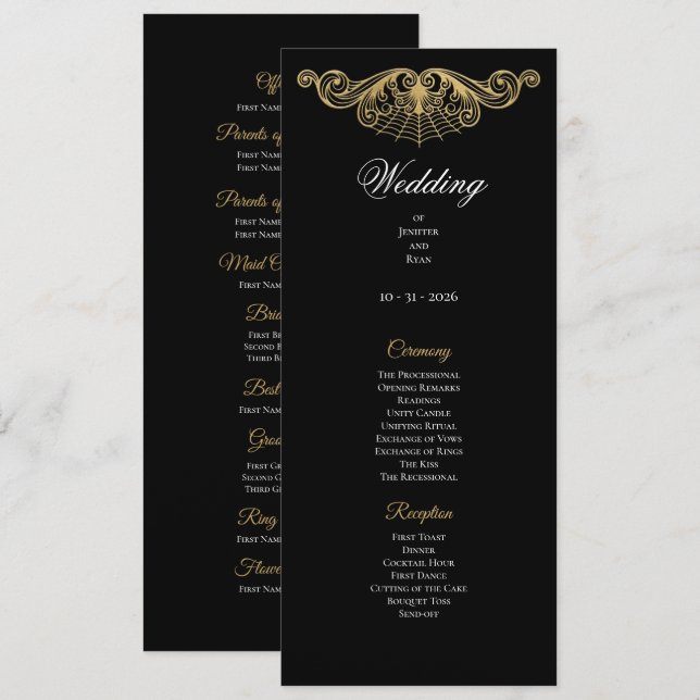 Elegant gold Gothic Wedding Program Menu (Front/Back)