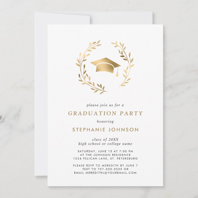 Elegant Gold Grad Cap and Wreath Graduation Party Invitation (Front)