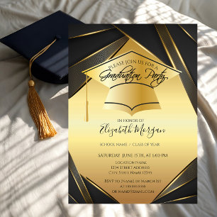 Elegant Gold Grad Cap Black Gold Graduation   Invitation