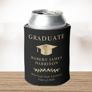 Elegant Gold Grad Cap Black Graduation Party Can Cooler