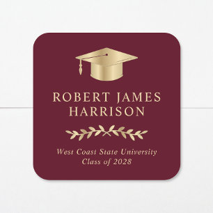 Elegant  Gold Grad Cap Burgundy Red Graduation Square Sticker