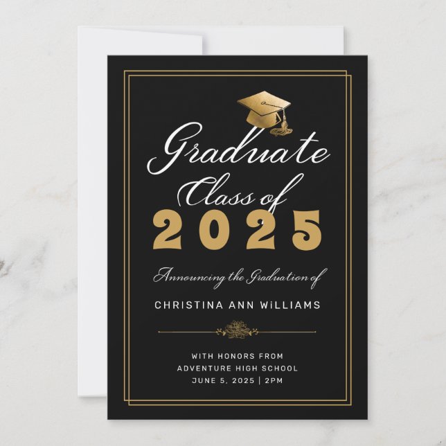 Elegant Gold Grad Cap Frame Black 2024 Graduation Announcement (Front)